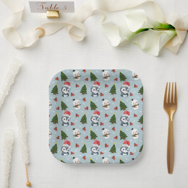 Penguin Santa Happy Merry Christmas tree pattern Paper Plate (Wedding)