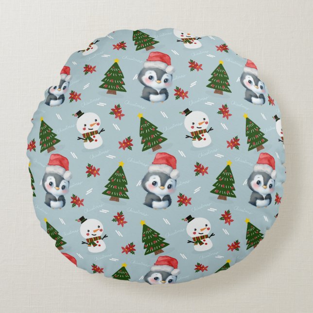 Penguin Santa Happy Merry Christmas tree pattern Round Cushion (Front)