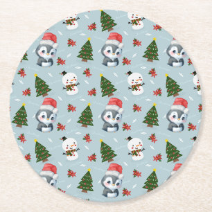 Penguin Santa Happy Merry Christmas tree pattern Round Paper Coaster