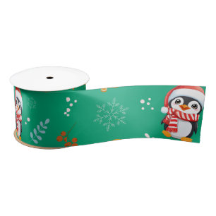 Penguin Santa Happy Merry Christmas tree pattern Satin Ribbon