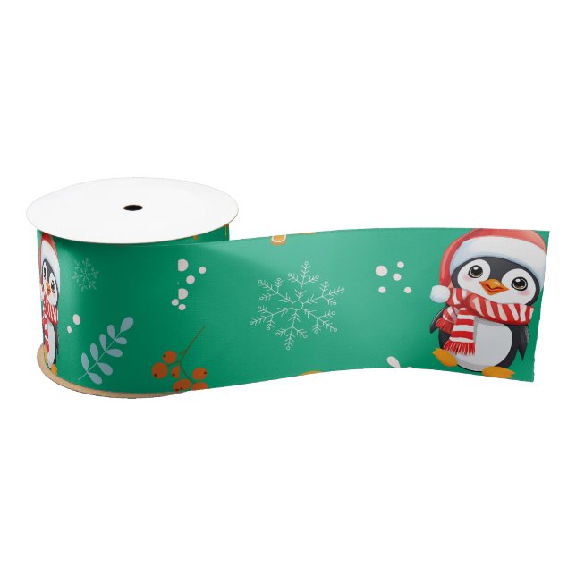 Penguin Santa Happy Merry Christmas tree pattern Satin Ribbon (Spool)