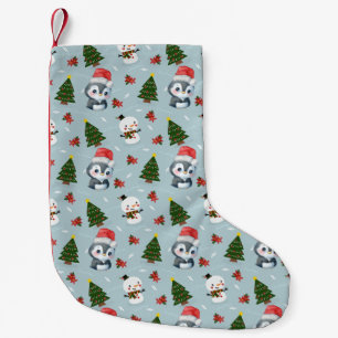 Penguin Santa Happy Merry Christmas tree pattern Small Christmas Stocking