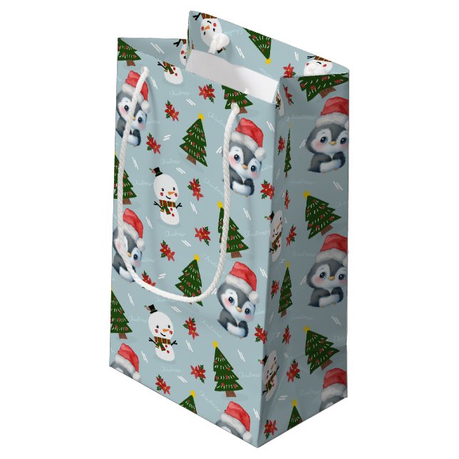Penguin Santa Happy Merry Christmas tree pattern Small Gift Bag (Back Angled)