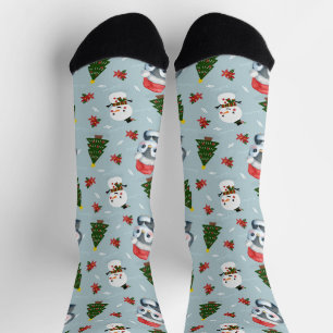 Penguin Santa Happy Merry Christmas tree pattern Socks