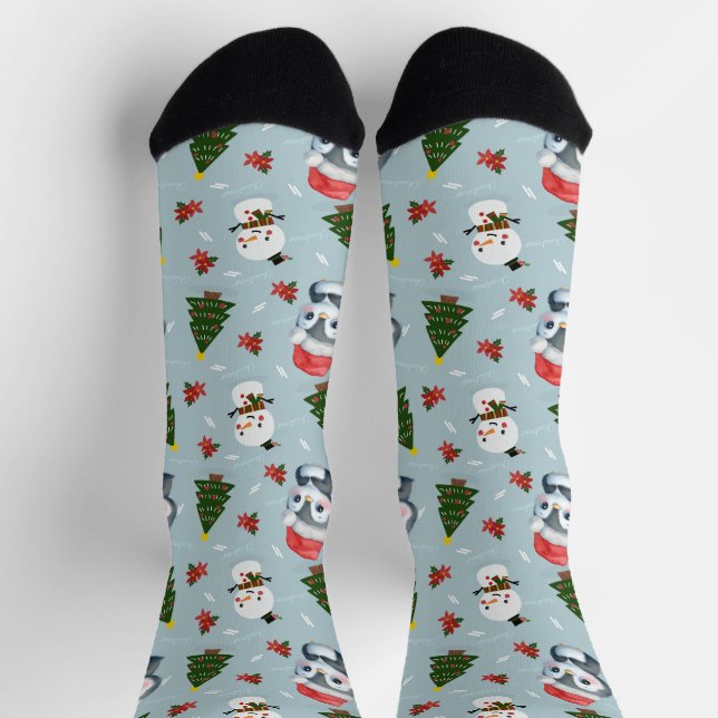 Penguin Santa Happy Merry Christmas tree pattern Socks (Top)