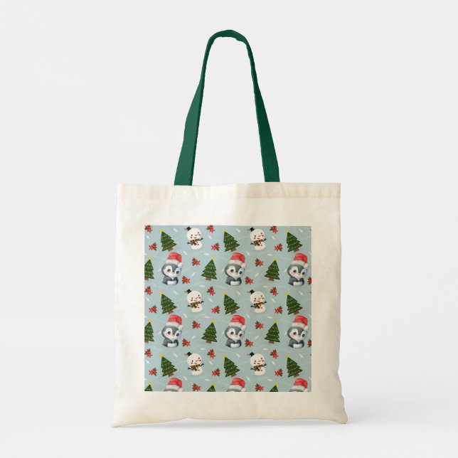 Penguin Santa Happy Merry Christmas tree pattern Tote Bag (Back)