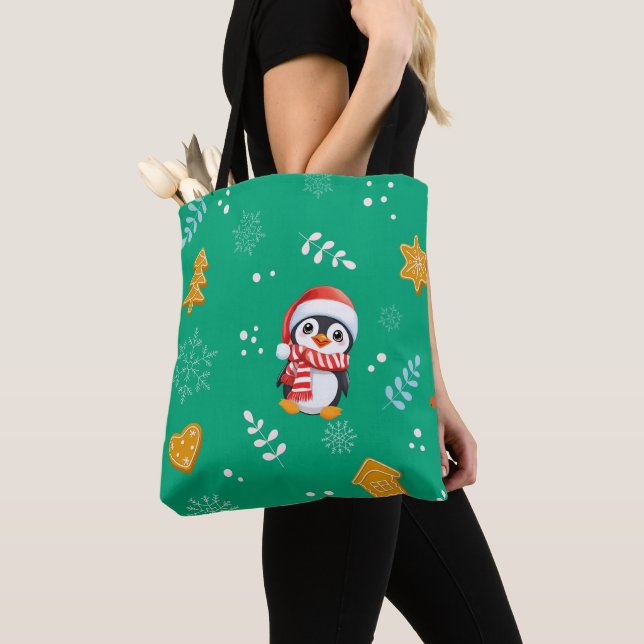 Penguin Santa Happy Merry Christmas tree pattern Tote Bag (Close Up)