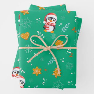 Penguin Santa Happy Merry Christmas tree pattern Wrapping Paper Sheet