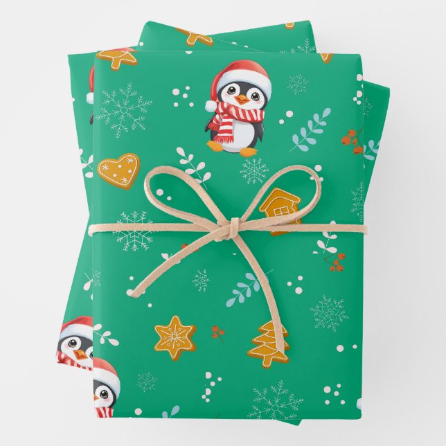Penguin Santa Happy Merry Christmas tree pattern Wrapping Paper Sheet (In situ)