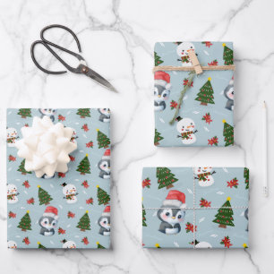 Penguin Santa Happy Merry Christmas tree pattern Wrapping Paper Sheet