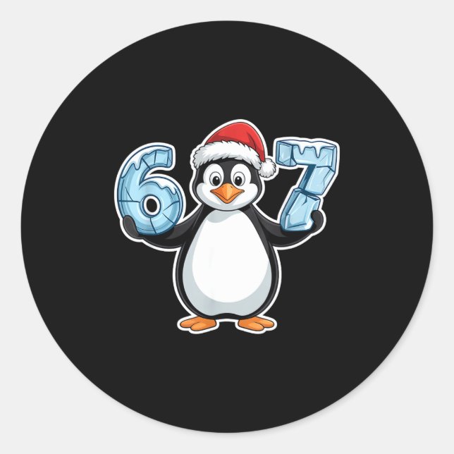Penguin Santa Hat 67 Icy Numbers Christmas Birthda Classic Round Sticker (Front)
