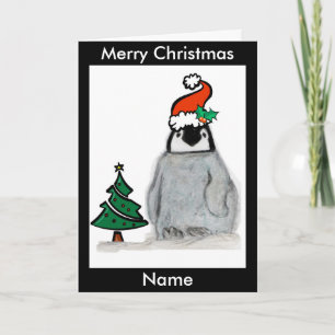 Penguin Santa Hat Christmas Art Cart personalise Holiday Card