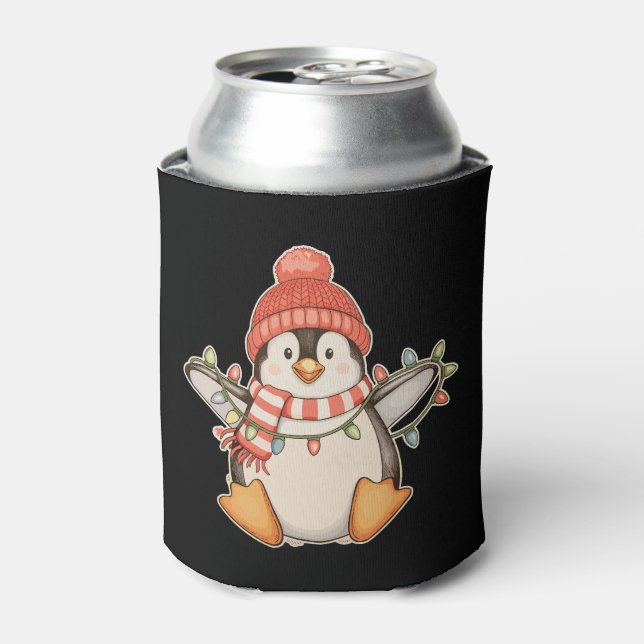 Penguin Santa Hat Christmas String Lights Xmas Can Cooler (Can Front)