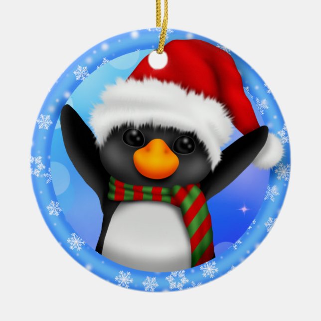 Penguin Santa Hat Year Ceramic Ornament (Front)