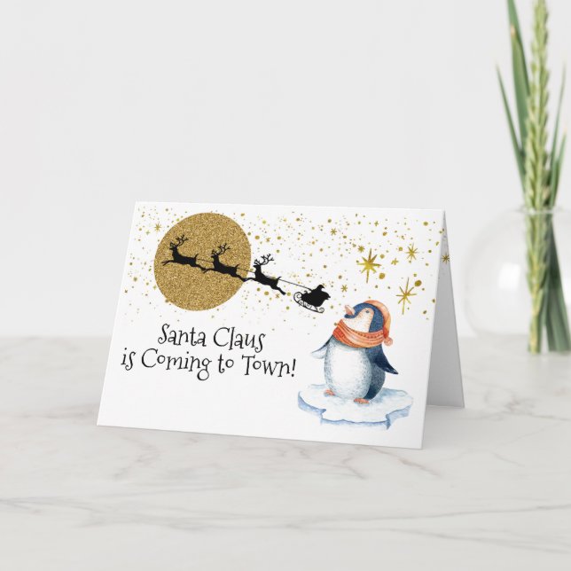 Penguin Santa Sleigh Gold Modern Painting Holiday Card (Front)