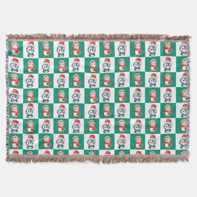 Penguin Santa watercolor Merry Christmas pattern Throw Blanket (Front)
