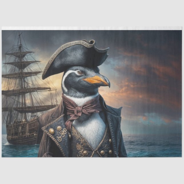 Penguin Ship Captain Decoupage | Nautical Whimsy Tissue Paper (Front)