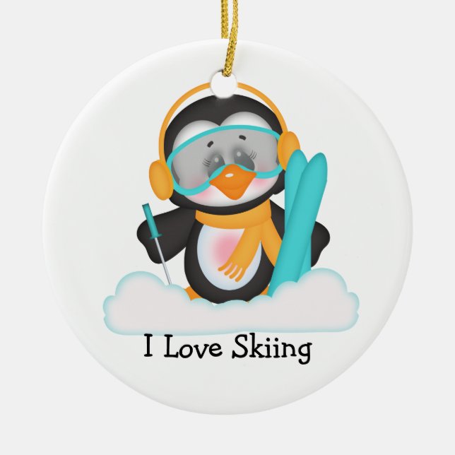 Penguin Skiing Ceramic Tree Decoration (Front)