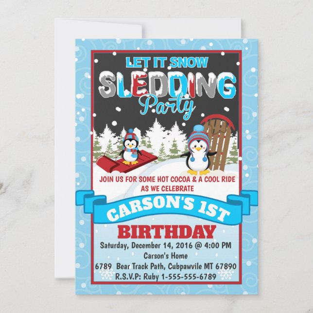 Penguin Sledding Birthday Party Invitation (Front)