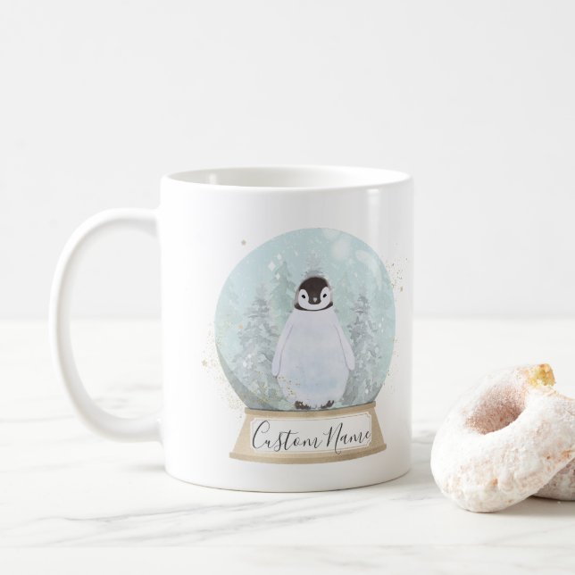 Penguin Snow Globe Custom Name Mug Christmas Gift (With Donut)