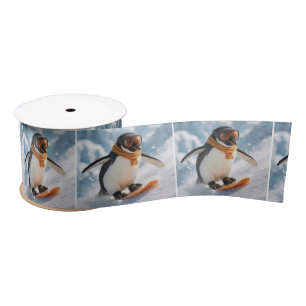 Penguin Snowboarding Downhill Satin Ribbon