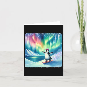 Penguin Snowboarding Under Colourful Aurora Boreal Card