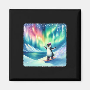 Penguin Snowboarding Under Colourful Aurora Boreal Magnet