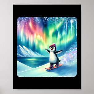 Penguin Snowboarding Under Colourful Aurora Boreal Poster