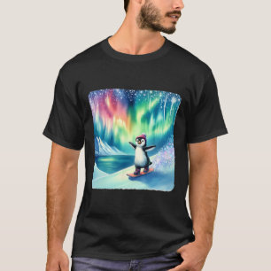 Penguin Snowboarding Under Colourful Aurora Boreal T-Shirt