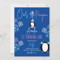 Penguin Snowflakes Pink Blue 1st Birthday Party