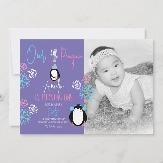 Penguin Snowflakes Pink Blue 1st Birthday Photo  Invitation (Front)