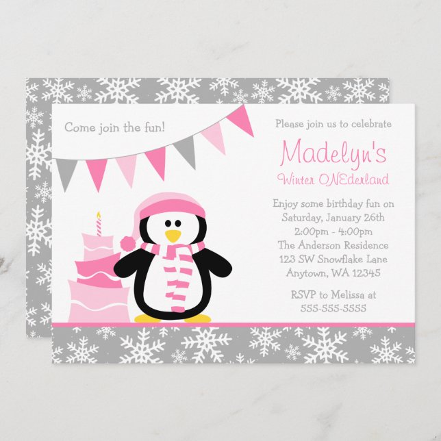 Penguin Snowflakes Pink Winter Onederland Birthday Invitation (Front/Back)