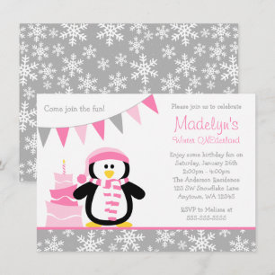 Penguin Snowflakes Pink Winter Onederland Birthday Invitation