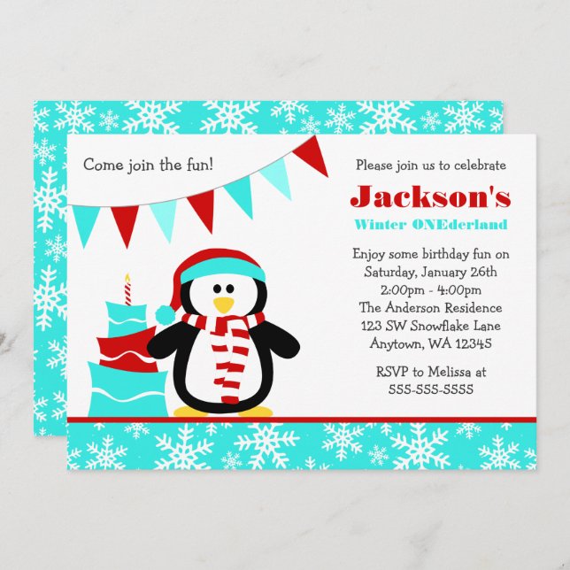 Penguin Snowflakes Teal Winter Onederland Birthday Invitation (Front/Back)