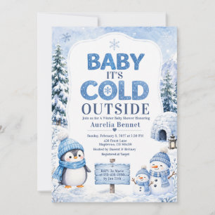 Penguin Snowman Blue Winter Baby Shower Invitation