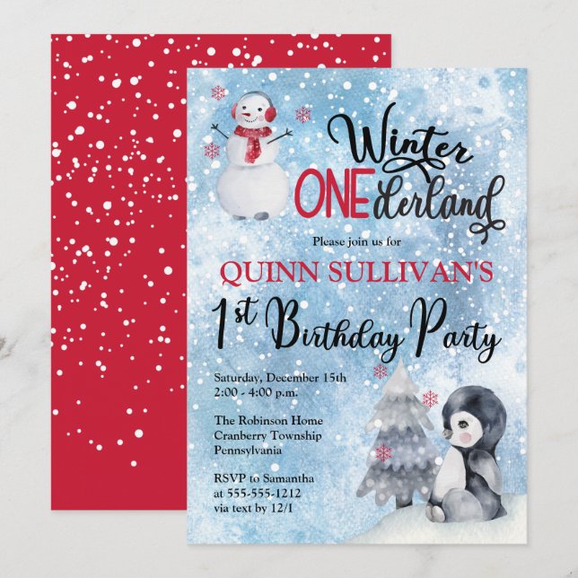 Penguin | Snowman Winter ONEderland 1st Birthday I Invitation (Front/Back)