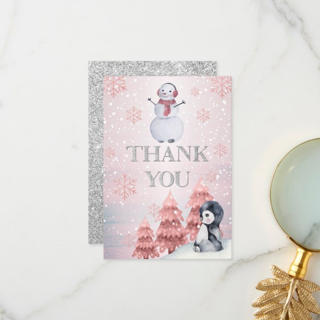 Penguin | Snowman Winter ONEderland Birthday Thank You Card (Front/Back In Situ)