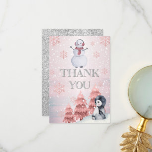 Penguin   Snowman Winter ONEderland Birthday Thank You Card