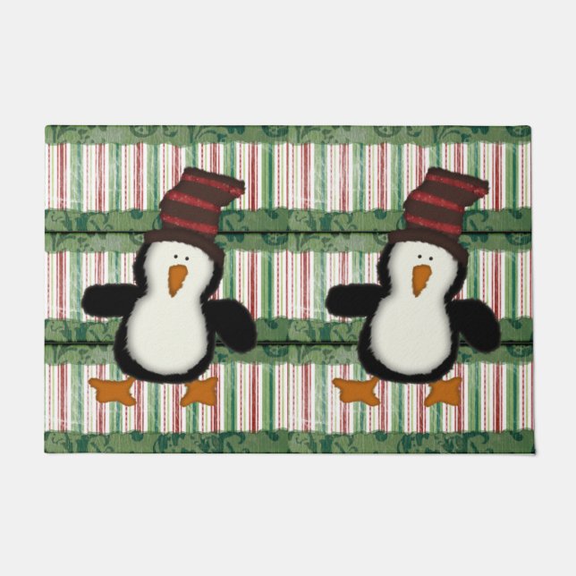 Penguin Stripe Christmas Matt Doormat (Front)