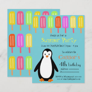 Penguin Summer Party with Popsicles Invitation