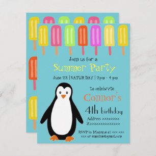 Penguin Summer Party with Popsicles Invitation