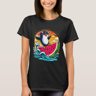 Penguin Sungles Watermelon Surfing Summer Sunset S T-Shirt