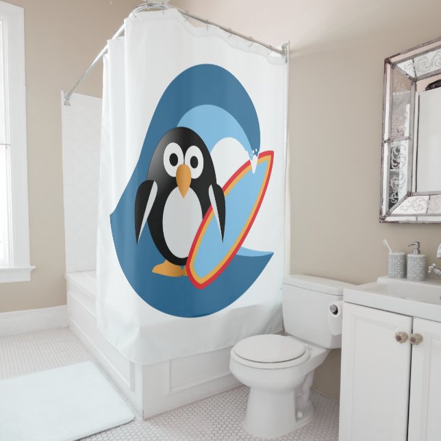 Penguin surfer shower curtain (In Situ)