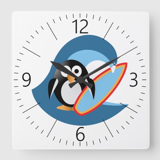 Penguin surfer square wall clock (Front)