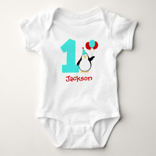 Penguin Teal Red Boy Winter Onederland Birthday Baby Bodysuit