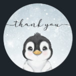 Penguin Thank you Favour Classic Round Sticker<br><div class="desc">Winter themed favour tag,  perfect for a baby shower,  bridal shower,  birthday party or just to say thank you. Customise with name,  event date or custom text.</div>