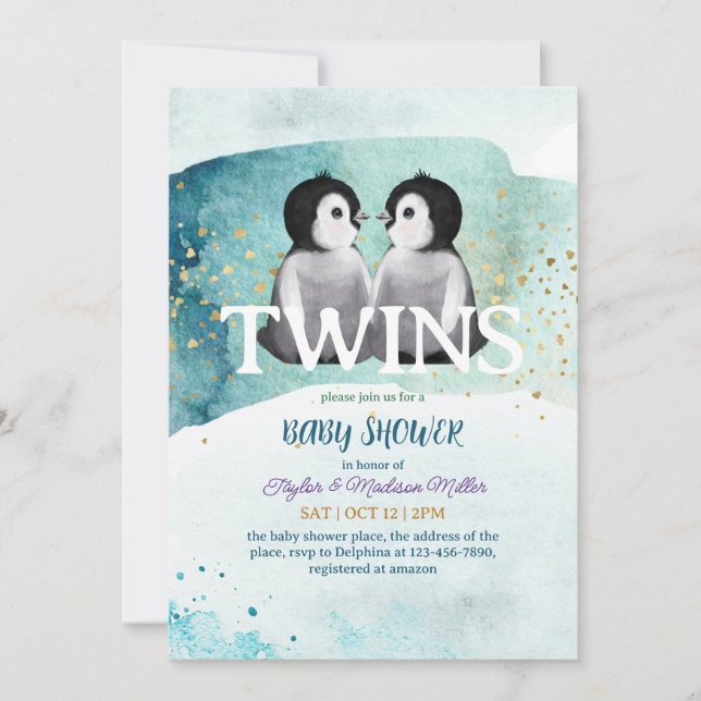Penguin Twin Winter Theme Baby Boy Shower Invitation (Front)