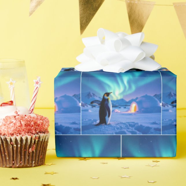 Penguin Under Northern Lights Wrapping Paper (Birthday Party)