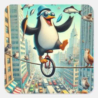 Penguin Unicyclist in the City – Whimsical Circus Square Sticker
