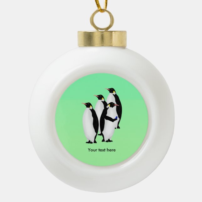Penguin Using A Mobile Phone Ceramic Ball Christmas Ornament (Front)